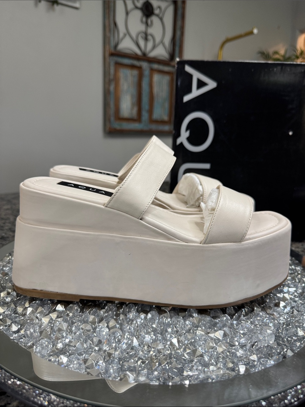 Aqua Maxy Bone Leather Platform Slide chunky wedge Sandals NEW 9